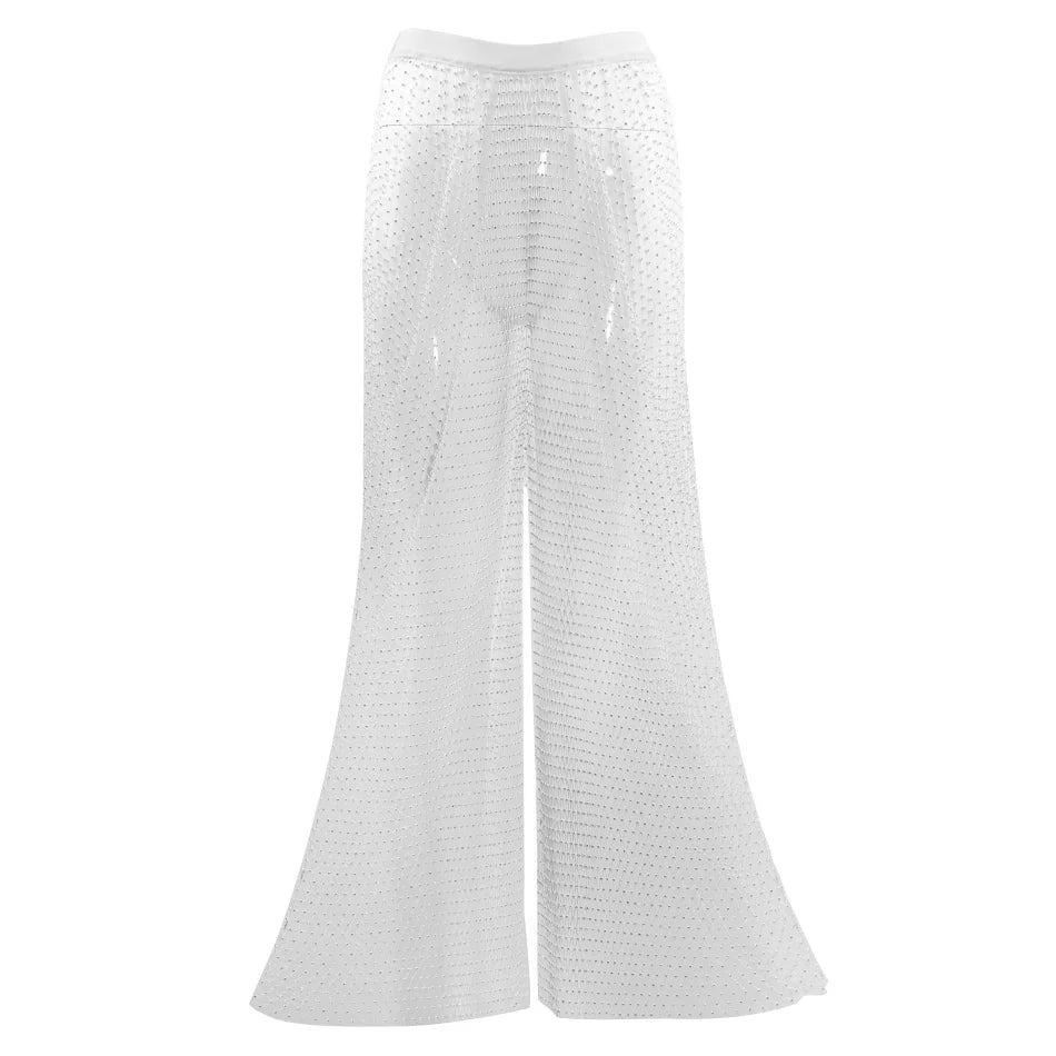 Sparkle Diamante Fishnet Wide Leg Trousers Crystal Mesh Flare Pants High Waisted Rhinestone Split Hem Leggings