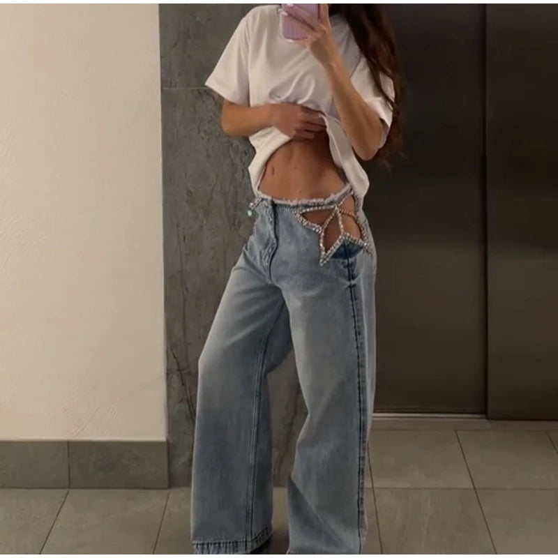 Y2k Hot Fix Rhinestone Cutout Women's Jeans Summer Street Low-rise Wide Leg Loose Denim Pants Lady New Fashion Party Trousers