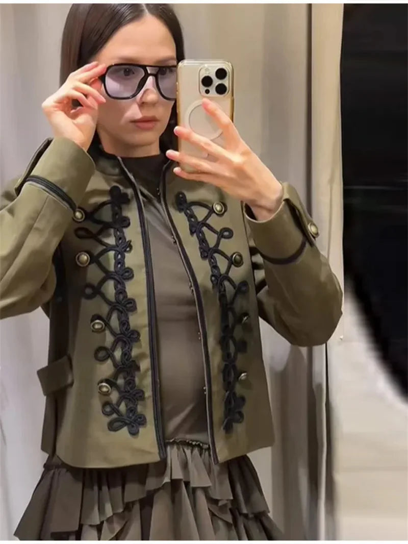 Women's Jacket 2026 Spring New Solid Color Long Sleeve Rope Knot Button Napoleon Style Slim Jacket Fashionable and Unique