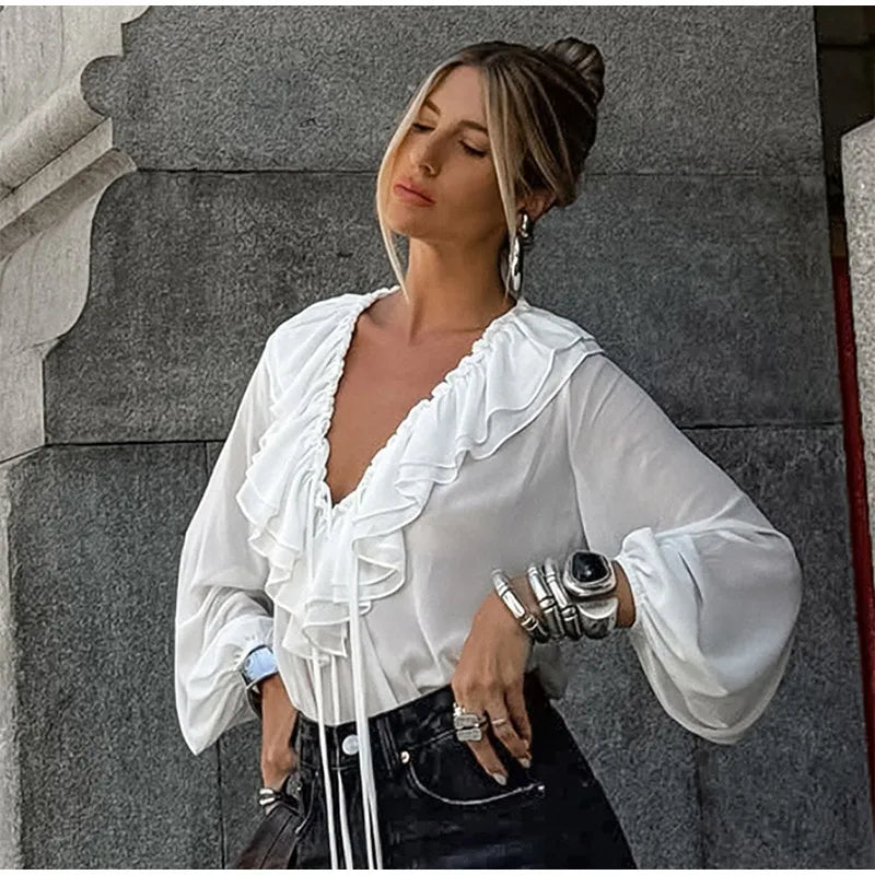 Blusa de chiffon com babados e manga comprida, blusa feminina casual solta, gola V, manga comprida, blusa de rua, primavera/verão 2025