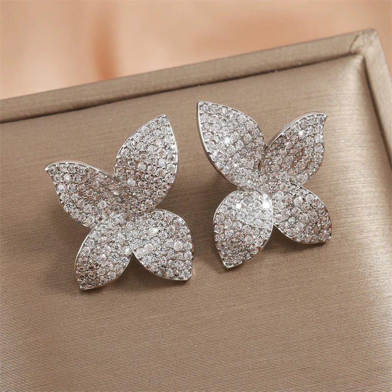 RAKOL Exquisite Full Zircon Leaf Stud Earrings for Women Korean Luxury Jewelry Elegant Flower Earring Bridal Wedding Party