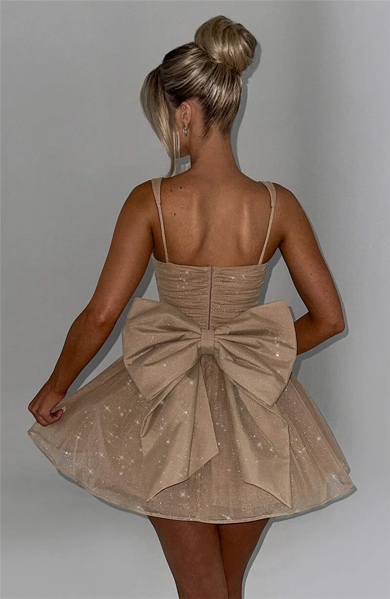 Mozision Bow Backless Sexy Mini Dress For Women Robe Spaghetti Strap Sleeveless Backless High Waist A-line Club Dress Vestido