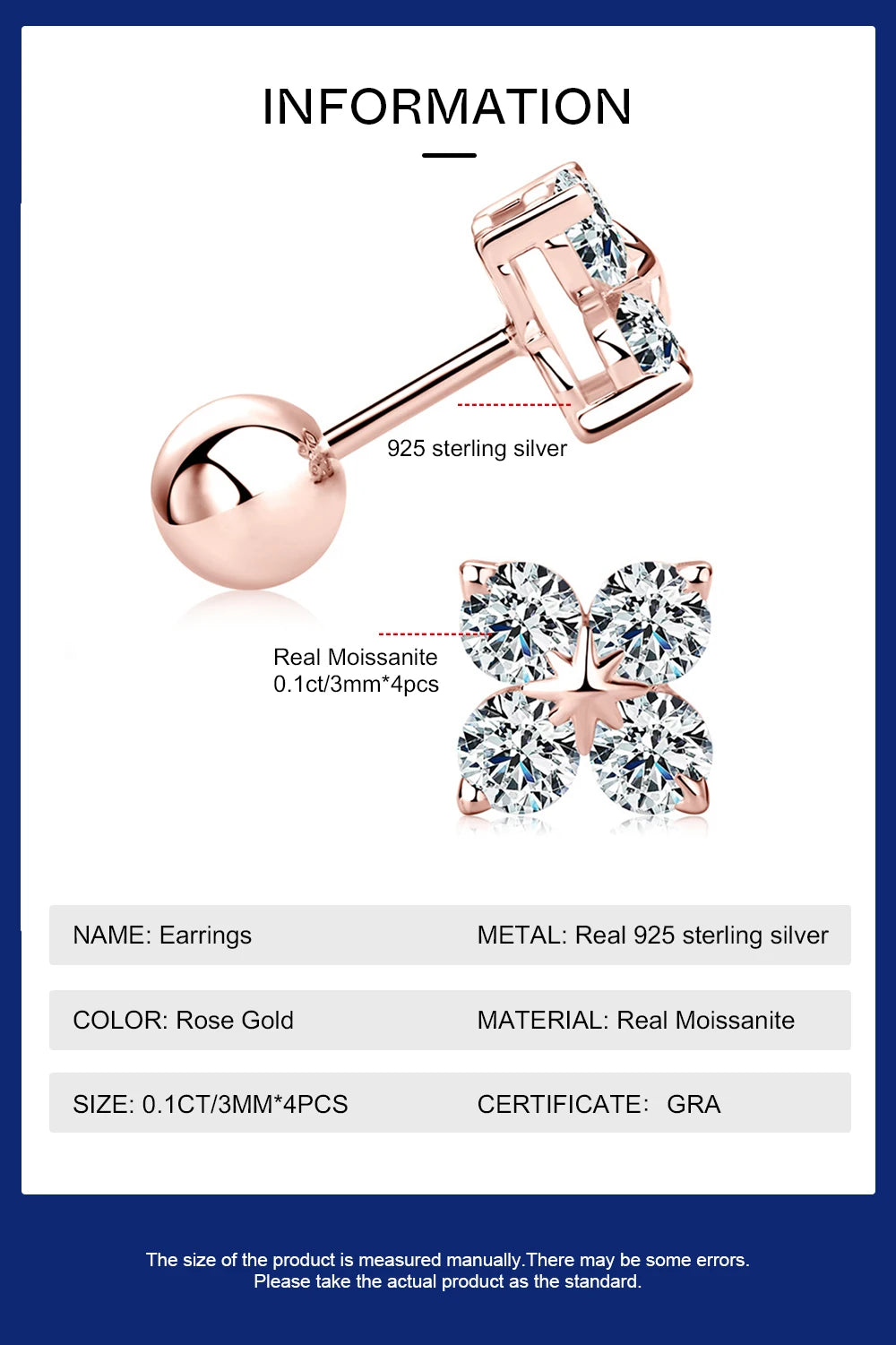 Rose Gold Four Leaf Clover Moissanite Stud Earrings 925 Silver Plated 18k Yellow/White Gold Diamond Earring for Women Jewelry