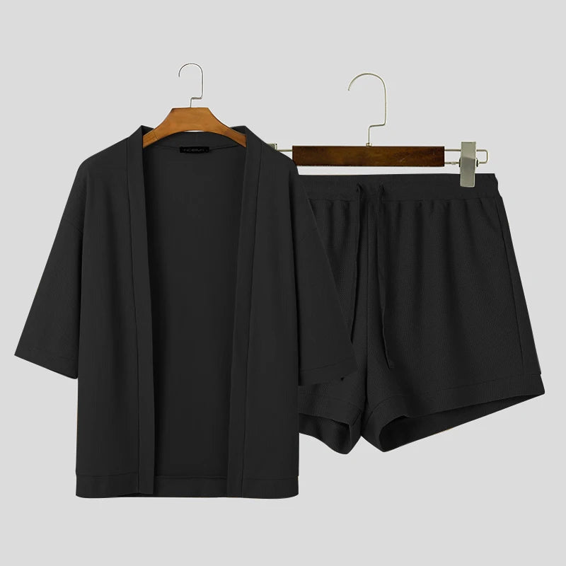 Conjuntos masculinos cor sólida, cardigan de meia manga e shorts com cordão, duas peças, moda urbana, ternos casuais