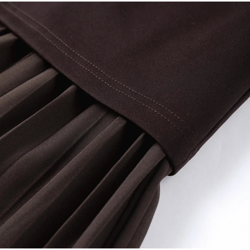 Vestido longo elegante com decote redondo e manga curta, moda feminina, liso, plissado, gaze, patchwork, 2025, novo, para escritório