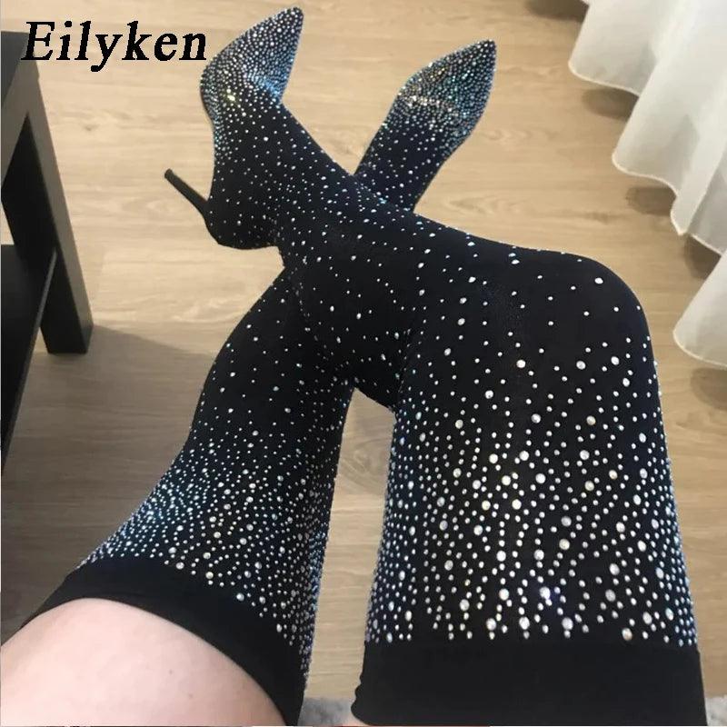 Eilyken Design Cristal Strass Tecido Elástico Sexy Salto Alto Meia Botas Acima do Joelho Bico Fino Pole Dancing Sapatos Femininos - CRAVO ROSE