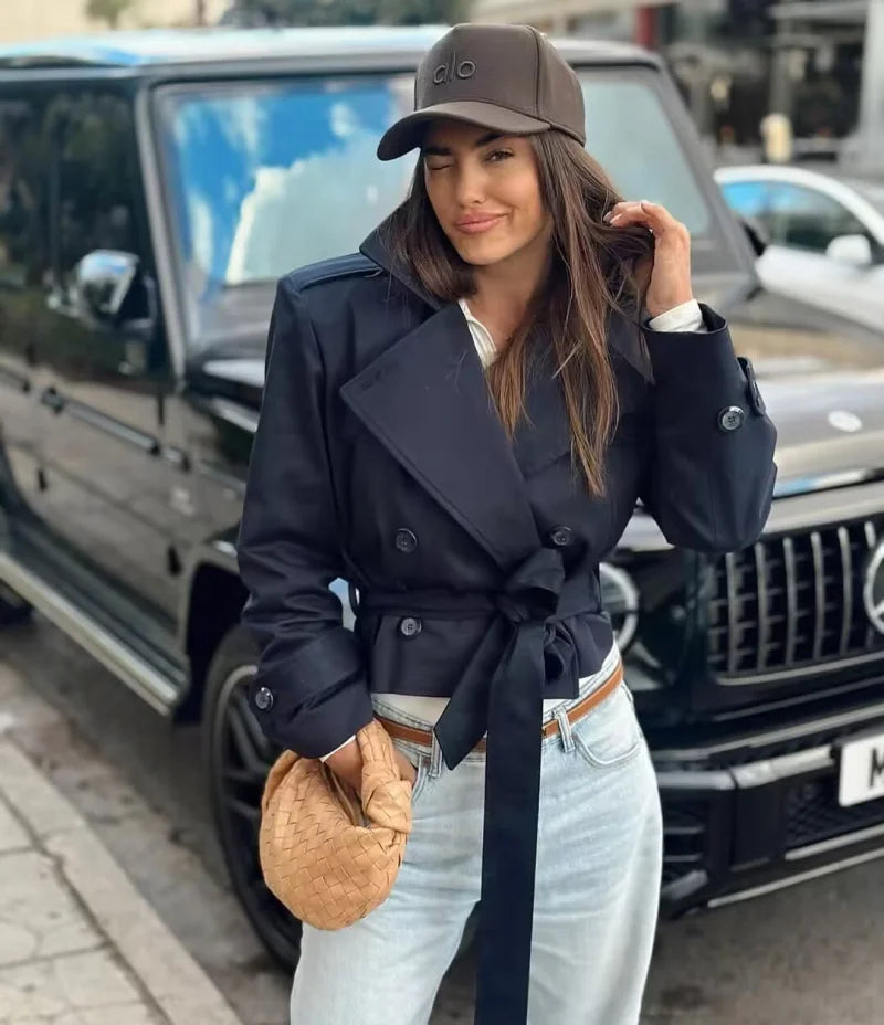 ETJ 2025 new  women's British wind trench coat style double-breasted long sleeve belt lapel jacket short coat