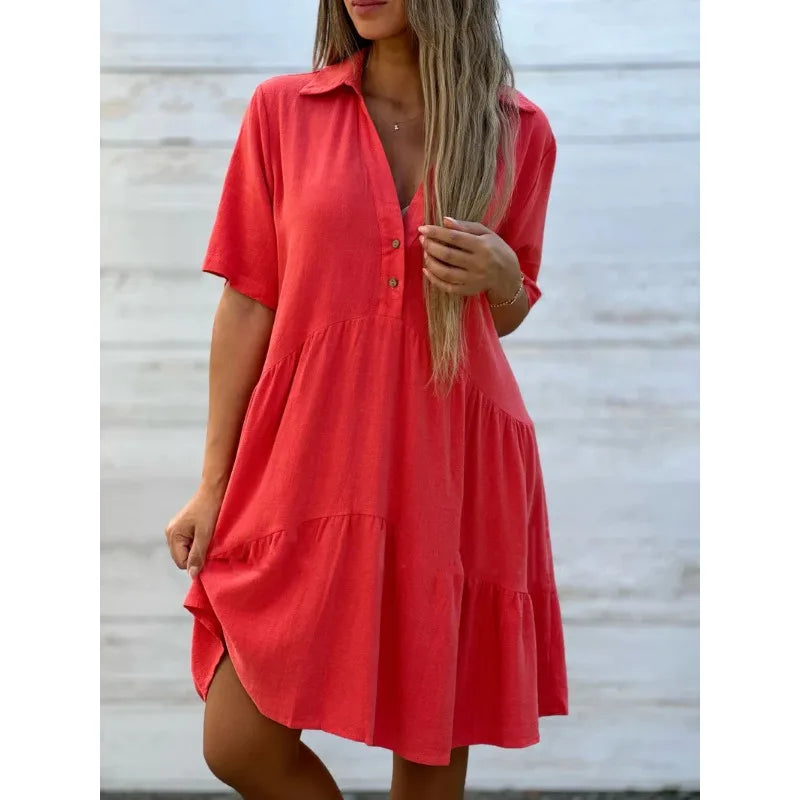 Vestido casual com lapela e babados, linha A, para férias na praia, solto, liso, de algodão e linho, manga curta