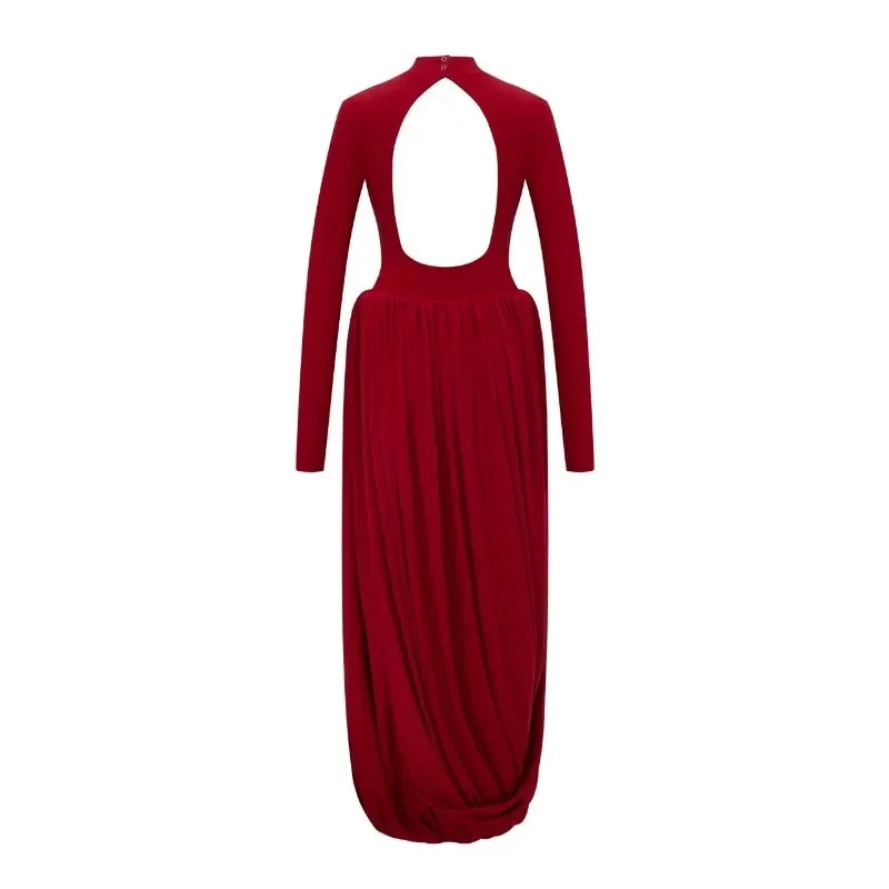 Tuularose Red Hollow Dress Women High Waist Sexy Backless Long Sleeve Gathered Dress Summer Patchwork Retro Party Evening Dress