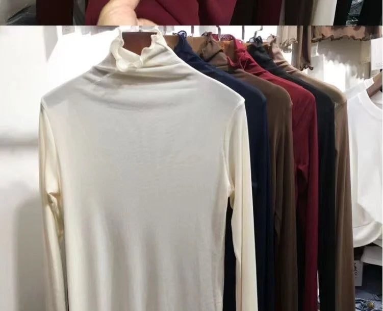 Women's Long Sleeve T-Shirt Lace  Mesh Base Shirt High Collar Pure Color Spring Autumn Fashion Breathable Comfortable Ski...