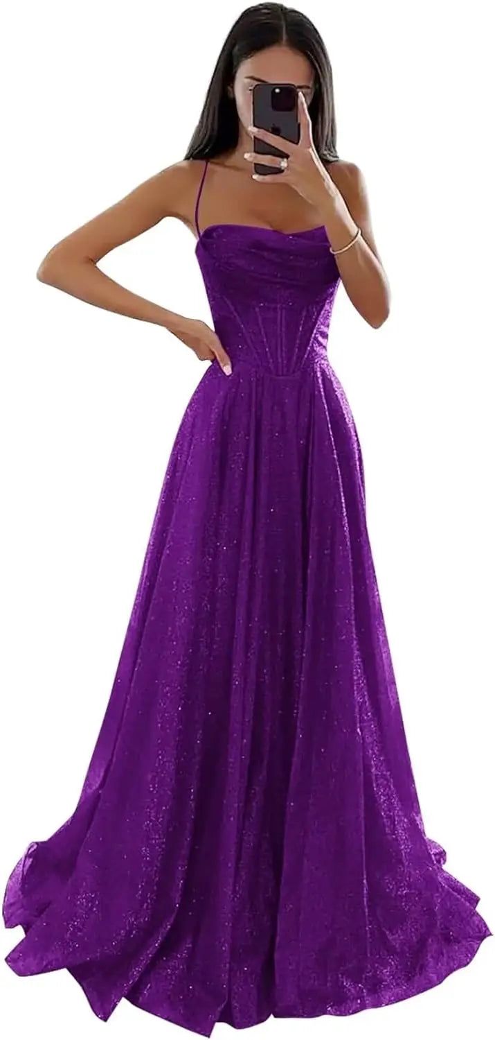 Spaghetti Straps Sleeveless Prom Dress for Women Long Shiny Tulle Formal Evening Party Gown with Slit Formal Dress Women Elegant