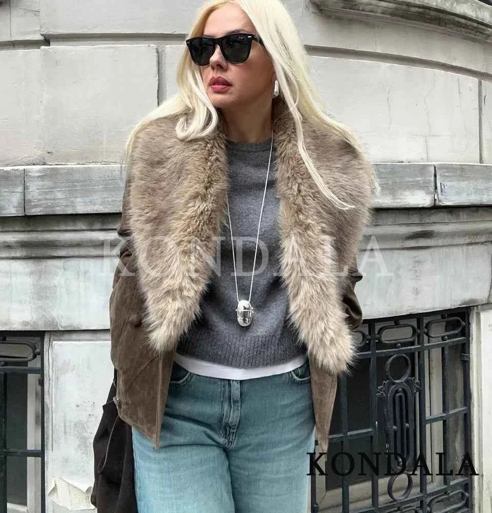KONDALA Trendy Vintage Fur Collar Jacket Coat Women Elegant Double-breasted Suede Jacket 2026 Fall Winter High Street Jacket
