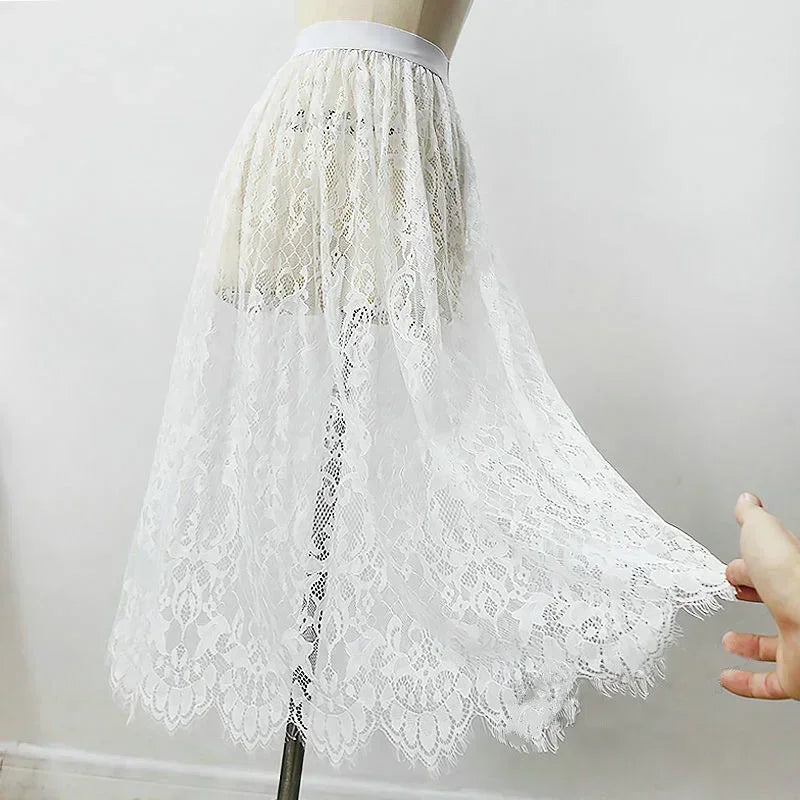 Saia preta elegante de 2 comprimentos, renda branca, transparente, saia longa de tule, feminina, elástica, cintura alta, praia, saia midi