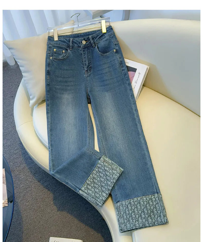 High-End Women's Straight Leg Jeans Loose Fit Spring Season Roll up Capri High Waist Denim Blue Flip  Thermal Regulation
