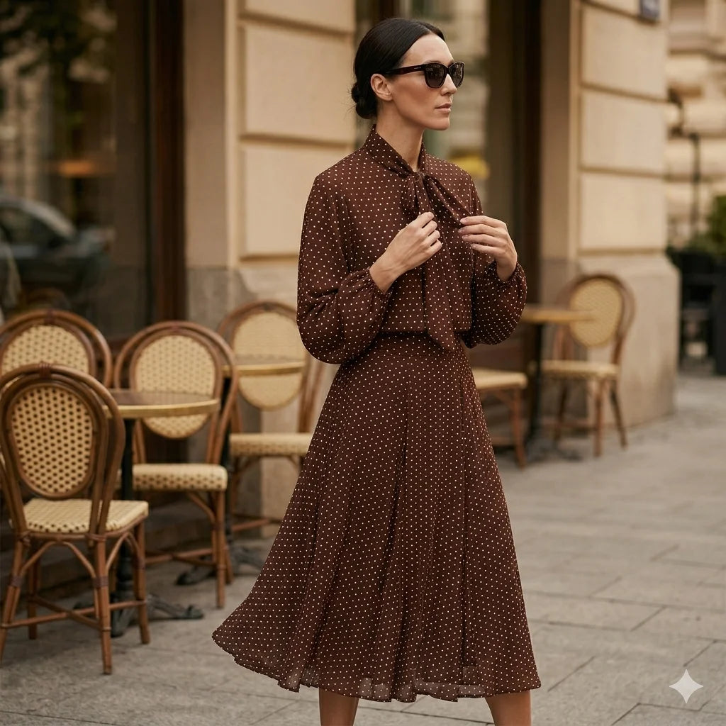 ETJ Women's Polka Dot Blouse Skirt Set 2026 Spring High Neck Batwing Sleeve Sheer Front Tie Bow Midi A-Line Dress Set