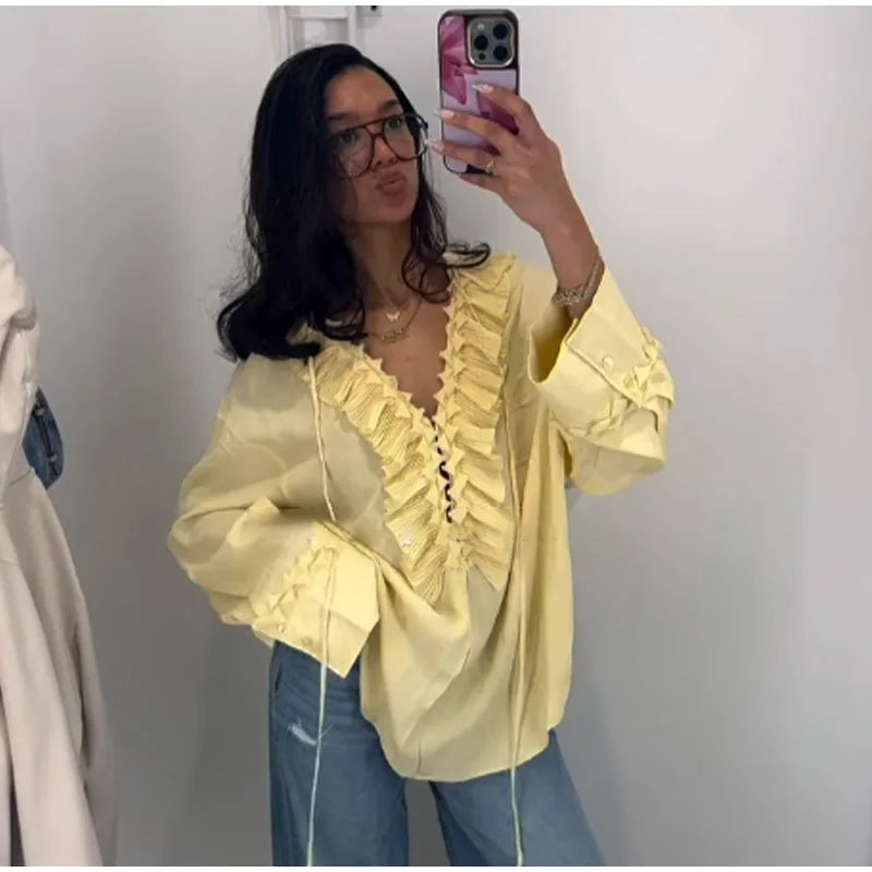 Blusa de chiffon com babados e manga comprida, blusa feminina casual solta, gola V, manga comprida, blusa de rua, primavera/verão 2025