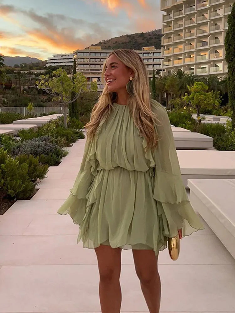 Elegant Women Green Irregular Ruffles Loose Mini Dress Fashion O Neck Full Sleeve Short Vestidos Spring Summer Chic Lady Dresses