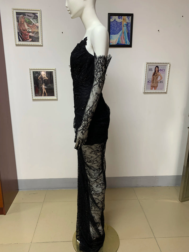 Luxury Designer Fashion Women Black Strapless Lace Embroidery Bodycon Open Leg Long Dress with Gloves Formal Evening Party Gowns