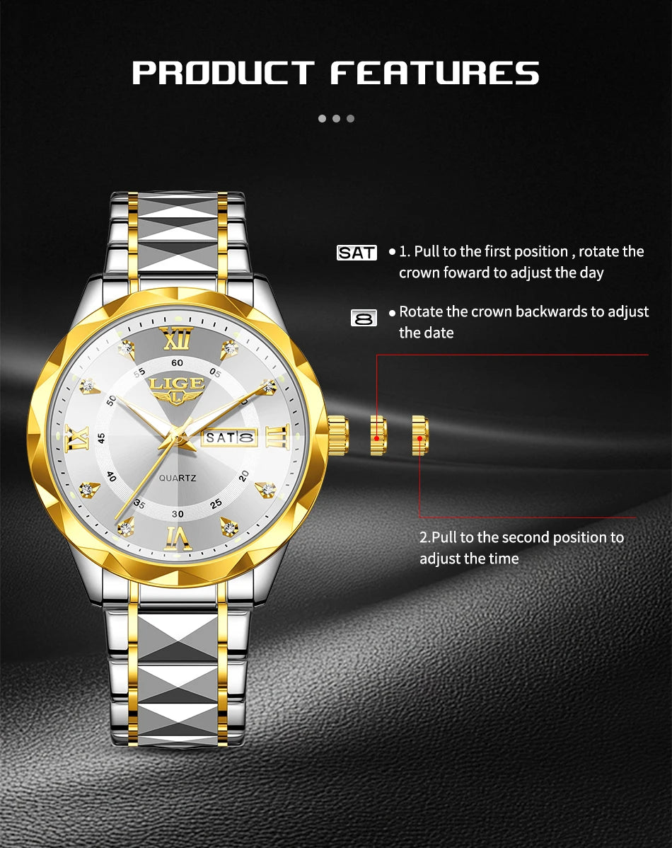 New LIGE Top Brand Luxury Man Wristwatch Waterproof Luminous Date Week Men Watches Stainless Steel Quartz Men's Watch Male reloj