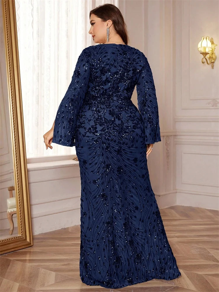 Lucyinlove Plus Size Luxury Gold Evening Dresses Women 2025 Long Sleeve Mermaid Formal Sequins Prom Wedding Party Cocktail Gowns