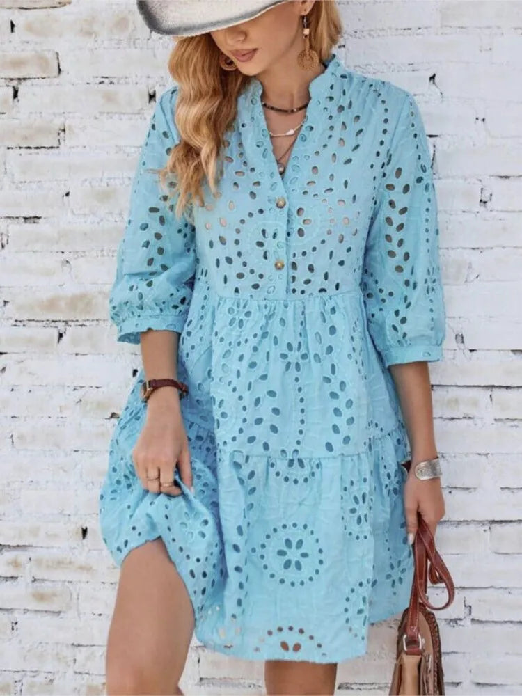 Spring Summer New Solid Color Hollow Out Fashion 7 Point Sleeve Dress Wmen's Casual Loose Simple Elegant Female Holiday Dresses