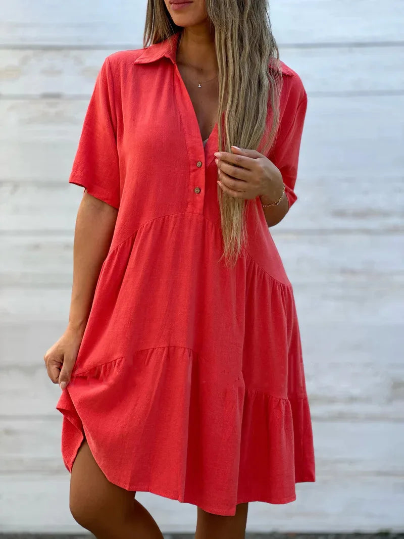 Vestido casual com lapela e babados, linha A, para férias na praia, solto, liso, de algodão e linho, manga curta