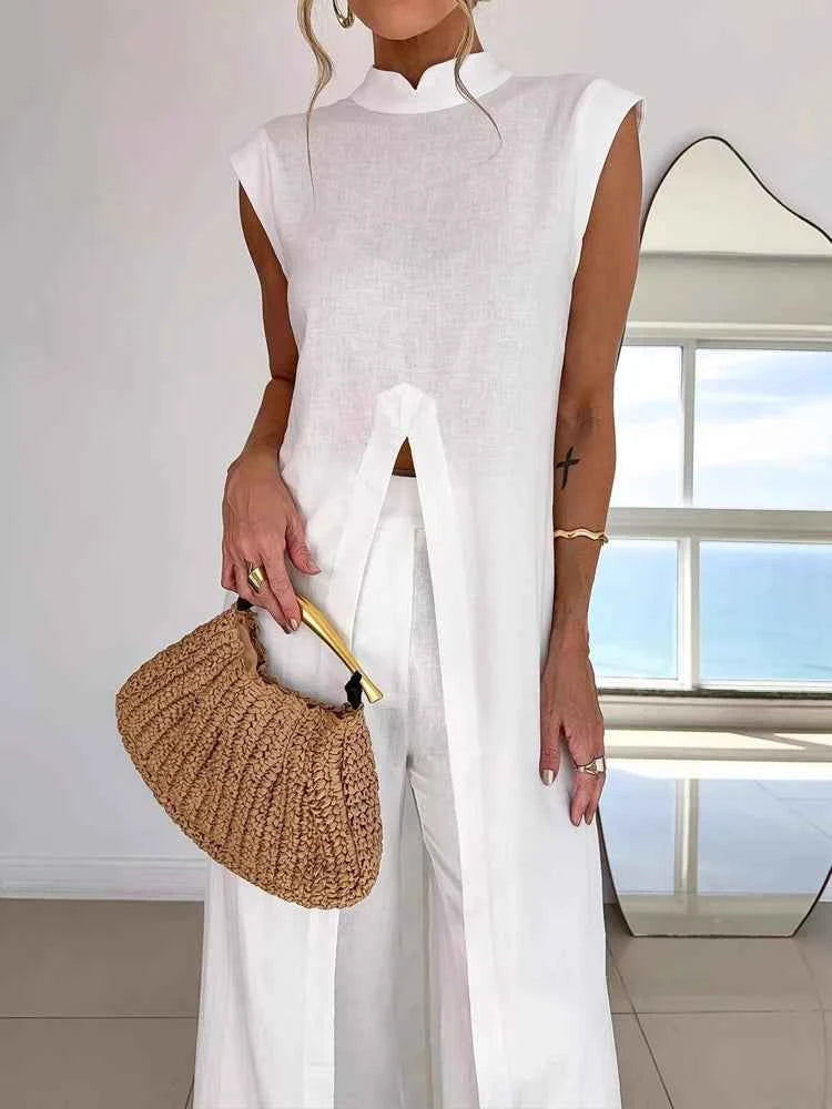 Women Casual Sleeveless Loose 2 Piece Suit Elegant Hight Street Solid Outfit Fashion O-neck Split Long Pullover  & Long Pant Set