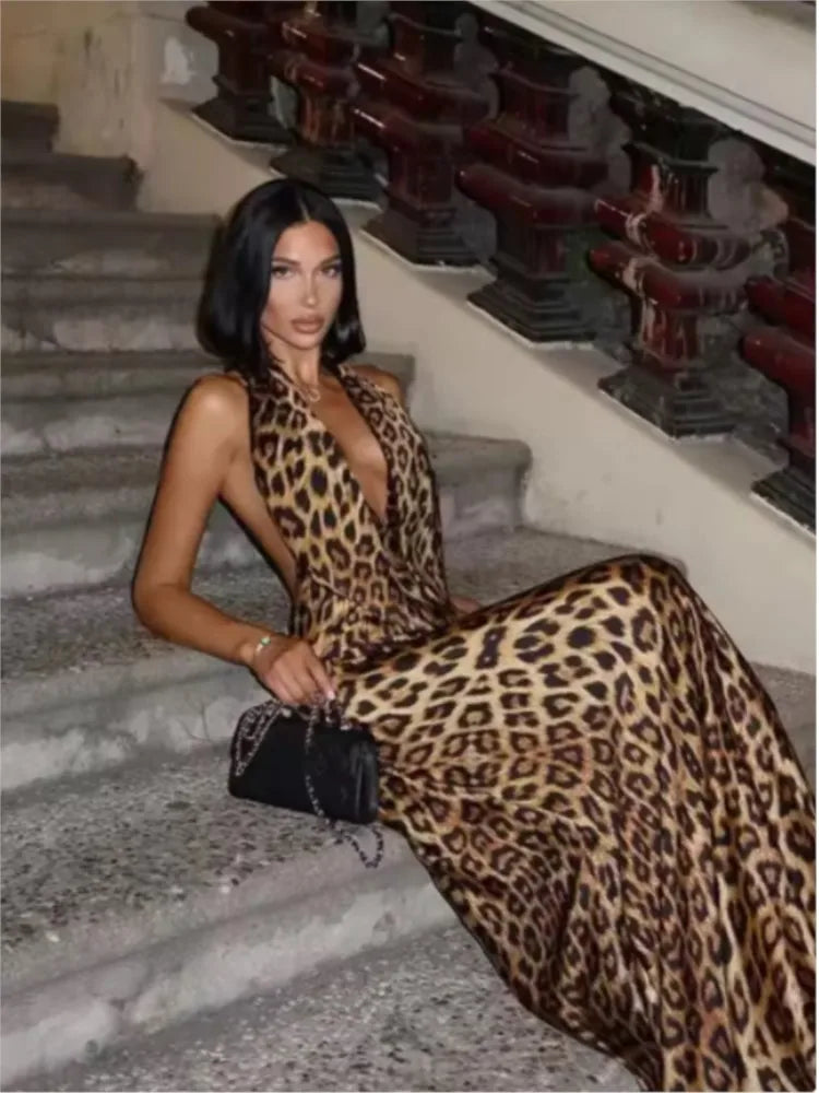 Women Elegant Leopard Print Lace-up Halter Dress Sexy Backless Deep V-neck Slim Long Dresses 2025 New Lady High Street Partywear