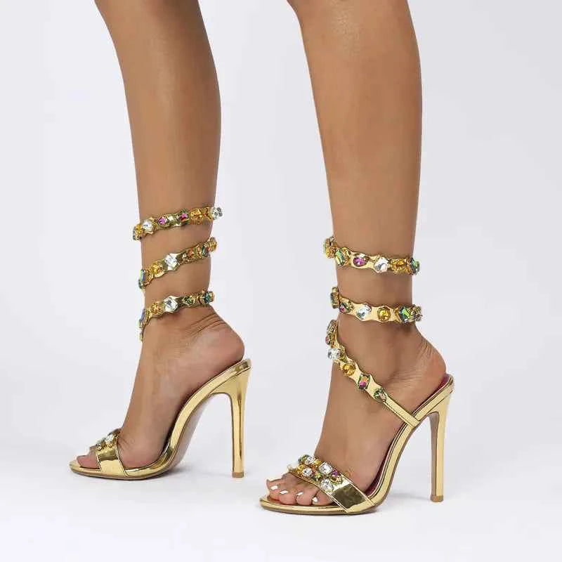 Star style Luxury Crystal Embellished Wraparound Women Sandals Stiletto High heels Gladiator Sandals Summer Wedding Prom Shoes