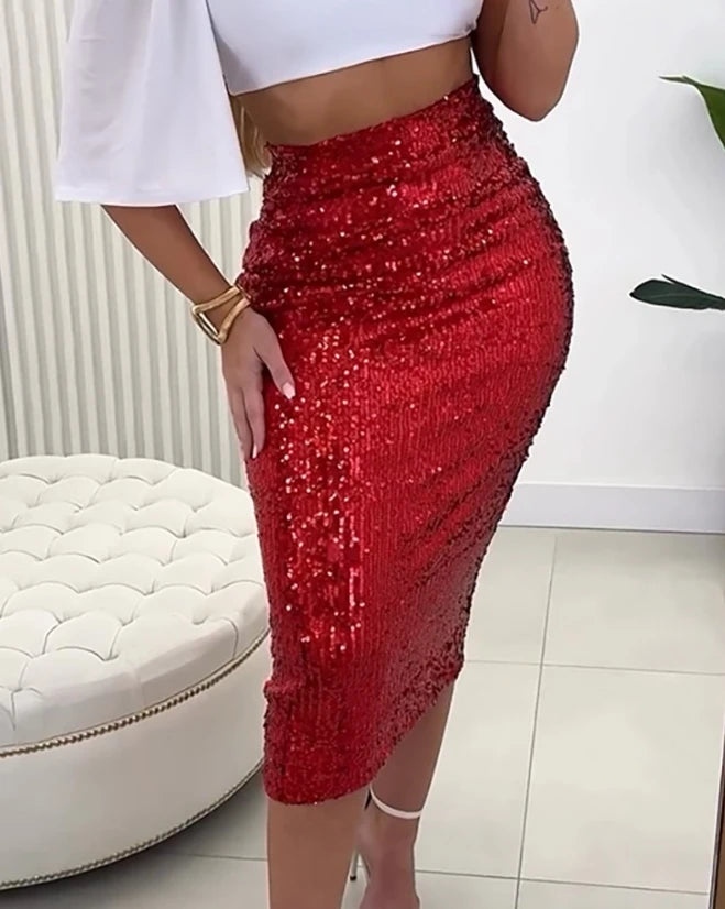 Saia midi sexy para mulheres 2025 casual elegante festa à noite allover lantejoulas fenda saia midi skinny roupas femininas roupas