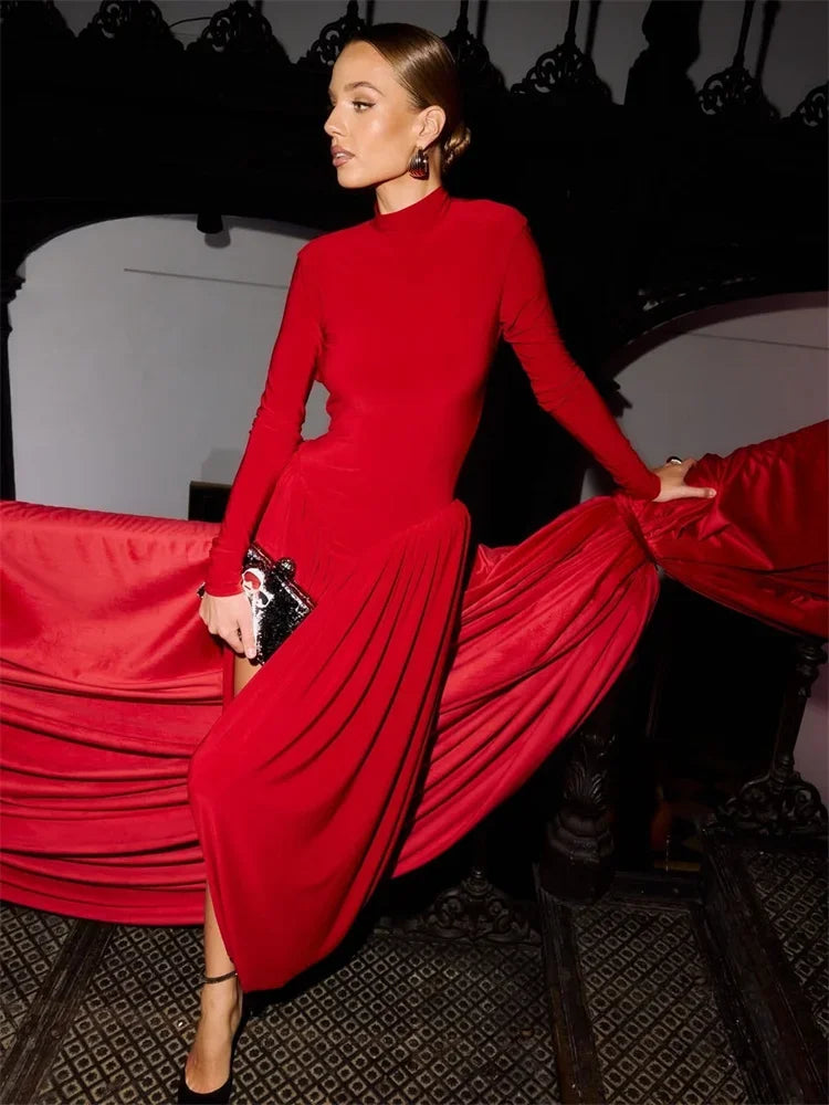 Tuularose Red Hollow Dress Women High Waist Sexy Backless Long Sleeve Gathered Dress Summer Patchwork Retro Party Evening Dress
