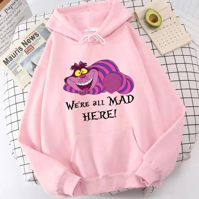 Moletons com capuz Alice no País das Maravilhas, gato de Cheshire, feminino, moletom com capuz, estilo mangá, Harajuku, feminino