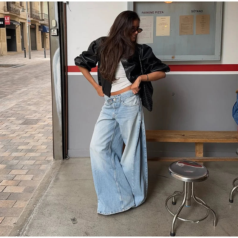 Y2k Hot Fix Rhinestone Cutout Women's Jeans Summer Street Low-rise Wide Leg Loose Denim Pants Lady New Fashion Party Trousers