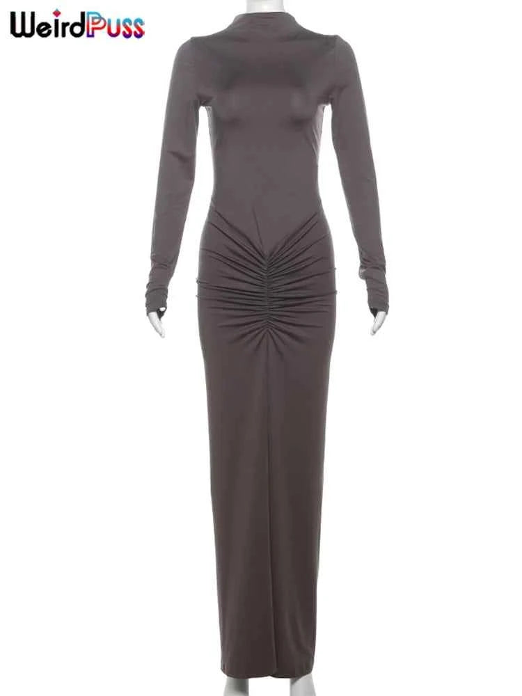 Weird Puss Hipster Ruched Dress Women o-NeckFull Sleeve  Skinny Stretch Robe Autumn Trend Simple Classic Pleats Long Bodycon