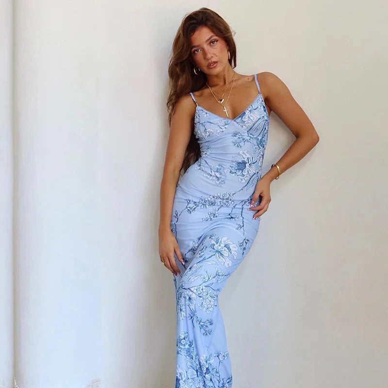 Sleeveless Floral Print Suspender Dress Women Fashion V-neck Slim Maxi Dresses 2023 Summer Chic Female Beach Party Club Robe - CRAVO ROSE