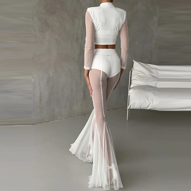 Women's Casual Patchwork Pleated Flared Pants Perspective Mesh Slim Trousers New 2025 Summer Elastic High Waist Club Long Pants