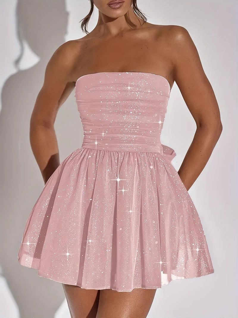 2025 Sexy Elegant Glitter Strapless Dress Fashion Sleeveless Off Shoulder Mid-skirt Breast Wrap Slim Mesh Dress Evening Dresses