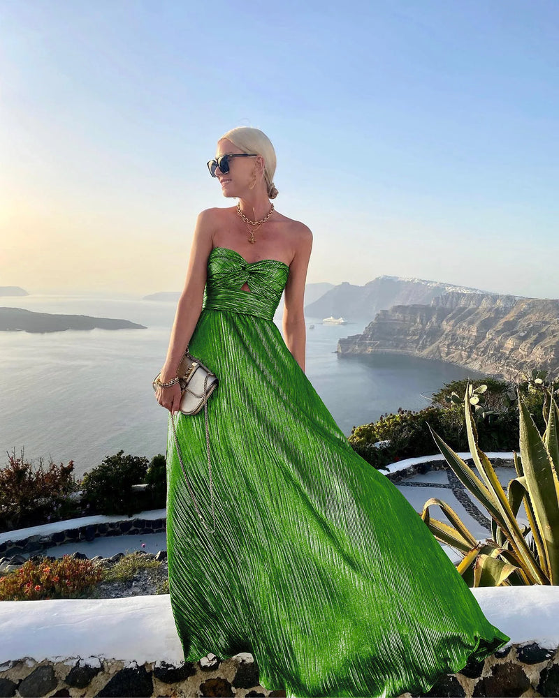 2024 Sexy Twist Strapless Hollow Out Long Dress Women Boho Elegant Bronzing Evening Dress Fashion Sleeveless A-Line Party Dress