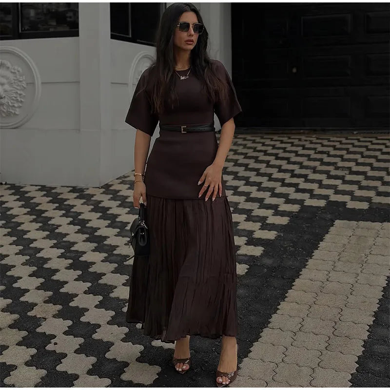 Vestido longo elegante com decote redondo e manga curta, moda feminina, liso, plissado, gaze, patchwork, 2025, novo, para escritório