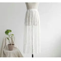 Saia preta elegante de 2 comprimentos, renda branca, transparente, saia longa de tule, feminina, elástica, cintura alta, praia, saia midi