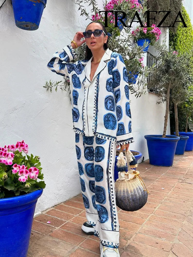 TRAFZA Women 2 Piece Set Chic Printed Lapel Single-Breasted Long Sleeve Loose Top+Summer Woman Casual Drawstring Wide Leg Pants