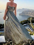 2024 Sexy Twist Strapless Hollow Out Long Dress Women Boho Elegant Bronzing Evening Dress Fashion Sleeveless A-Line Party Dress