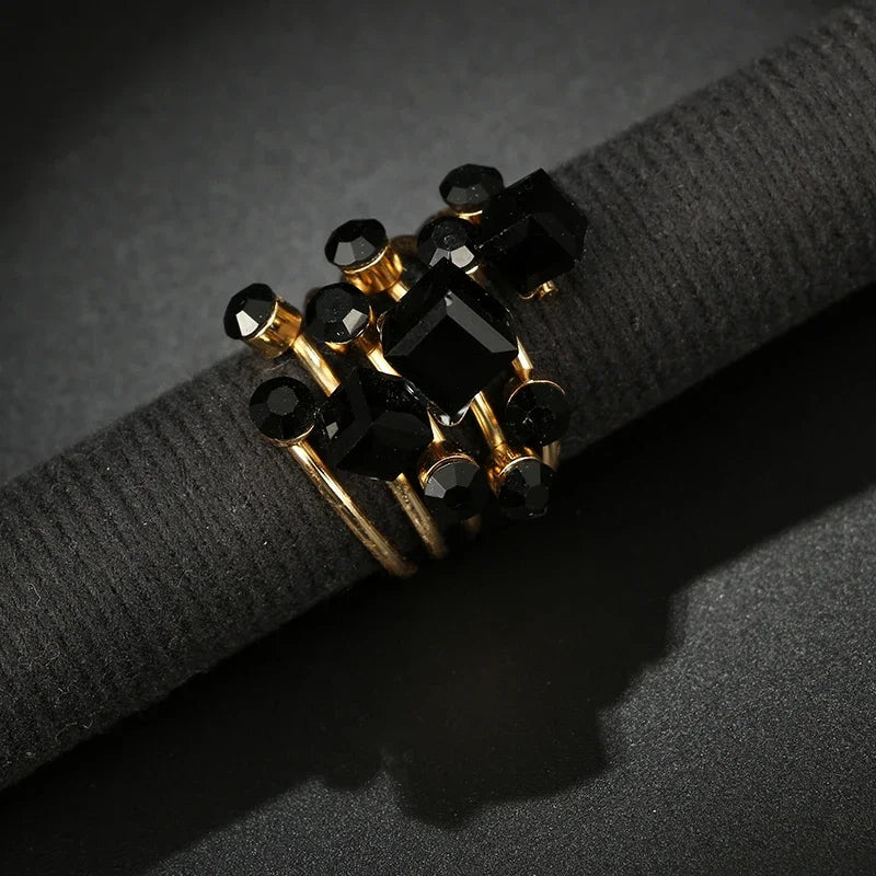 Tocona Punk Antique Black Crystal Stone Opening Joint Rings Set for Women Men Adjustable Gothic Statement Party Jewelry anillos