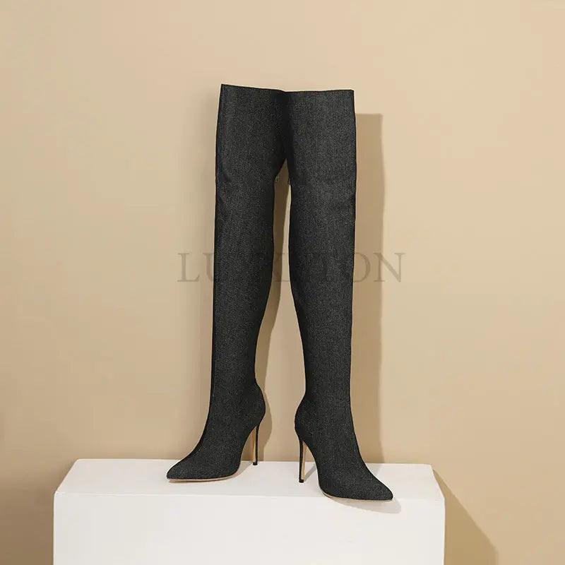 Sexy Stiletto Denim High Heels Over The Knee Boots for Women Spring Autumn High Heeled Thigh Heig Long Boots Ladies - CRAVO ROSE