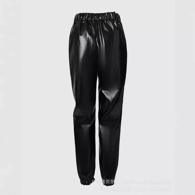 Calça Mandylandy Preta com Amarração no Tornozelo em PU para Mulheres Verão Calça Lápis de Couro Cintura Média Streetwear Preta Casual Bolsos Calça de PU