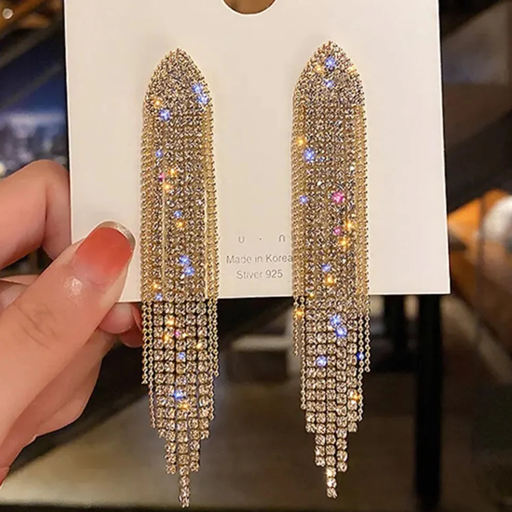 Moda feminina espumante strass longo borla brincos pingente festa de casamento jóias presentes - CRAVO ROSE