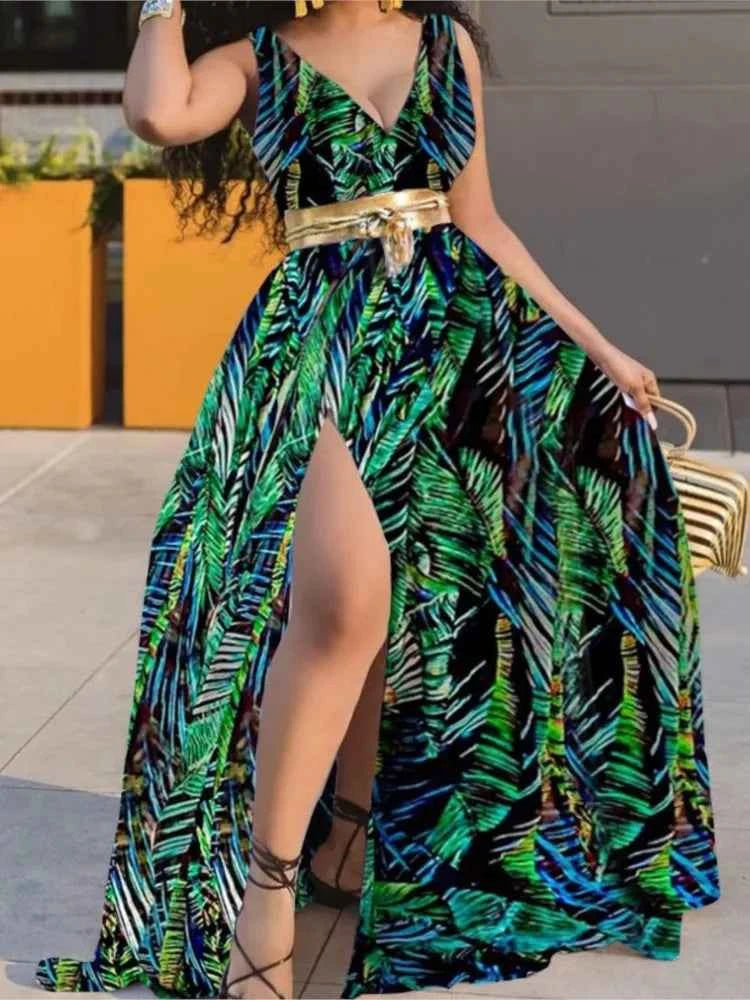 Sexy Deep V Neck Polka Dot Long Dress For Women Summer Boho Sleeveless Slim Print Side Slit Party Maxi Dresses Robe Femme