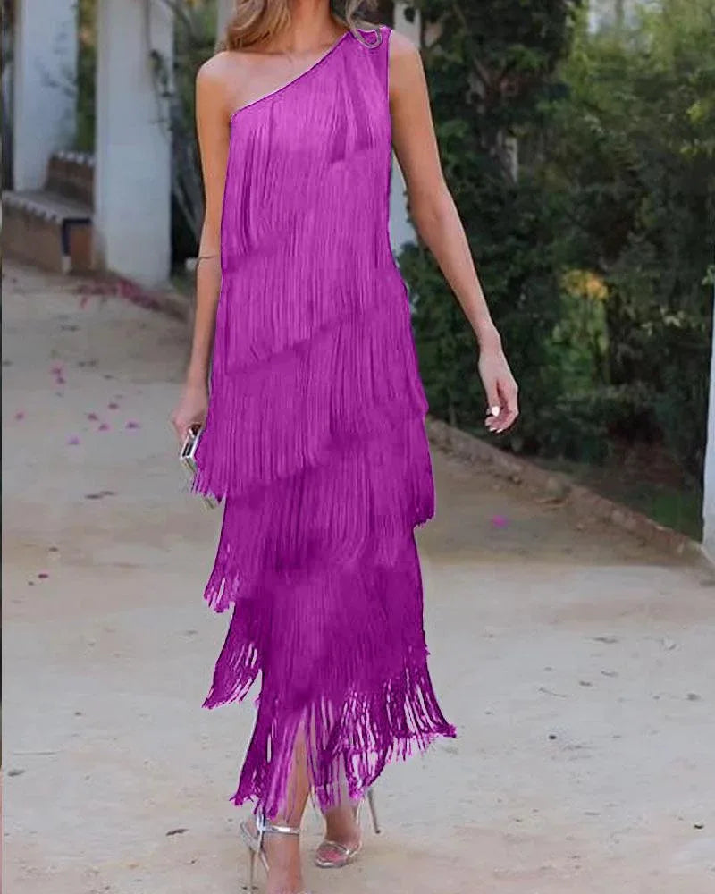 Elegant Asymmetric Slim Evening Dress Fashion Tassel Club Party Dress 2024 Lady Sexy Diagonal Collar Sleeveless Tank Long Dress