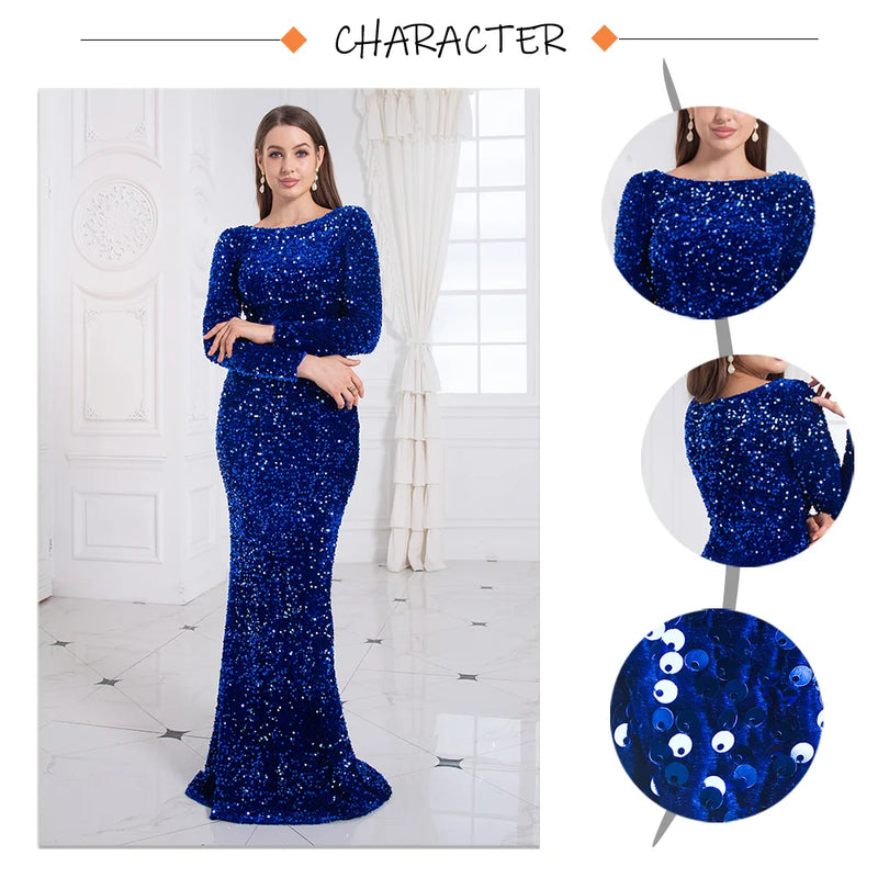 Romagic Elegant Women Modest Stretch Sequin Royal Blue Wedding Prom Gown Long Sleeves Mermaid Formal Evening Party Dress 2025