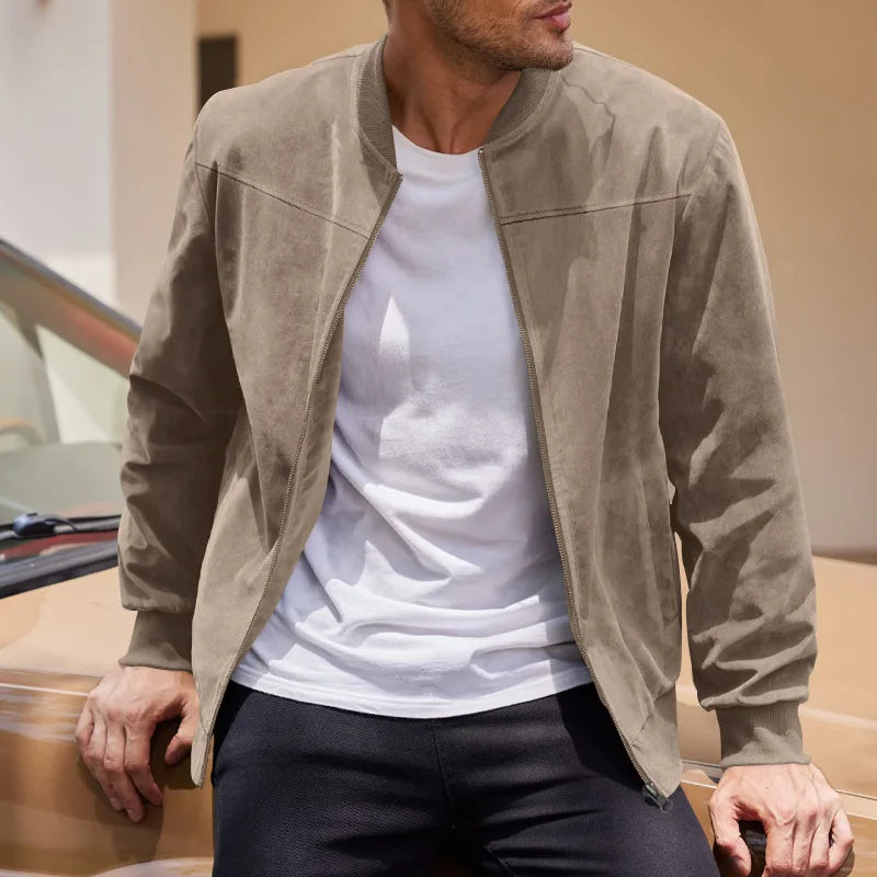 Men's Business Casual Suede Jacket Zipper Collar Warm Sporty Outerwear Polyester Fabric Long Sleeve round Hem Knitted Sleeve